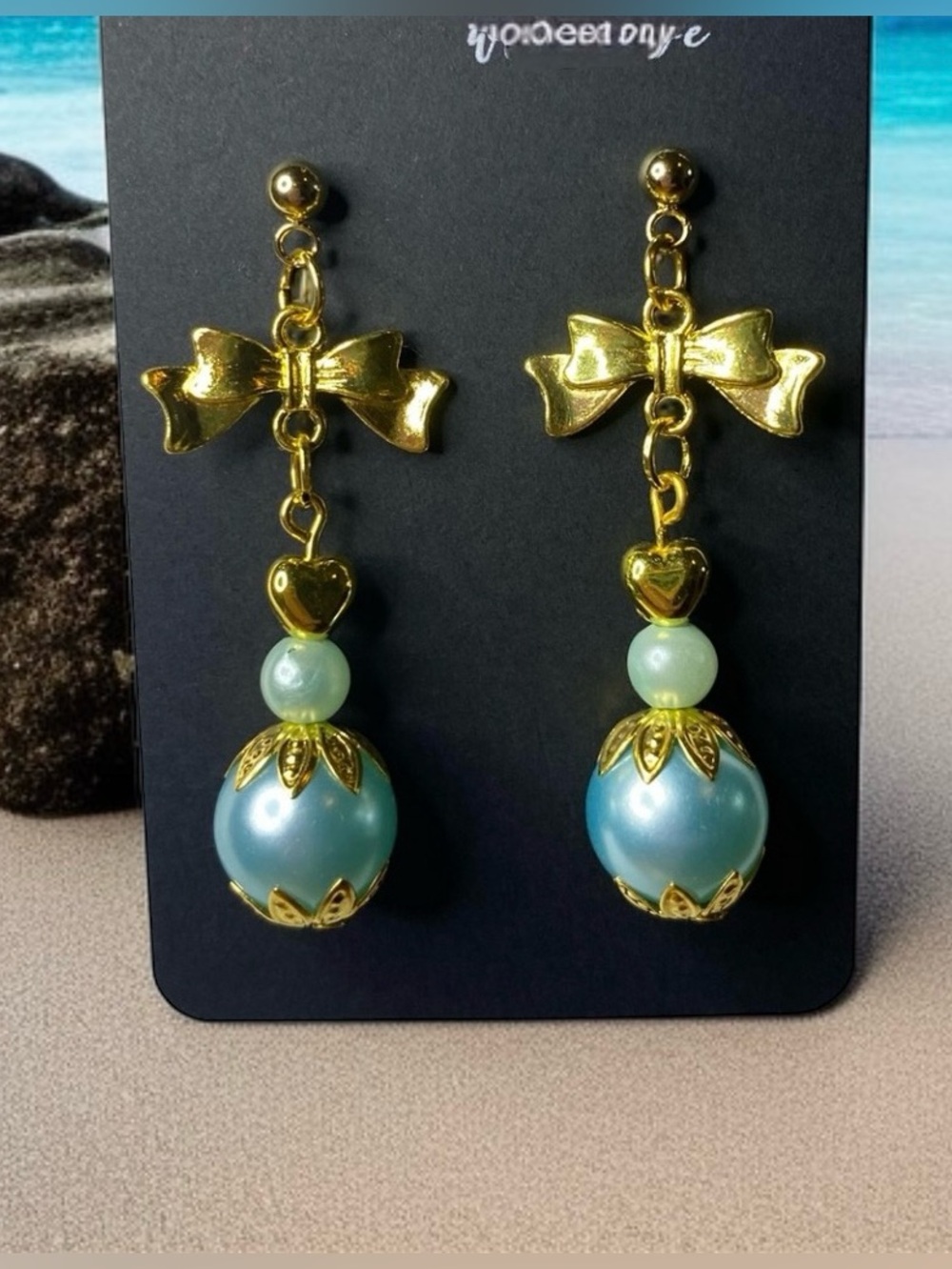 Beautiful Gold and Blue Bow Drop Earrings